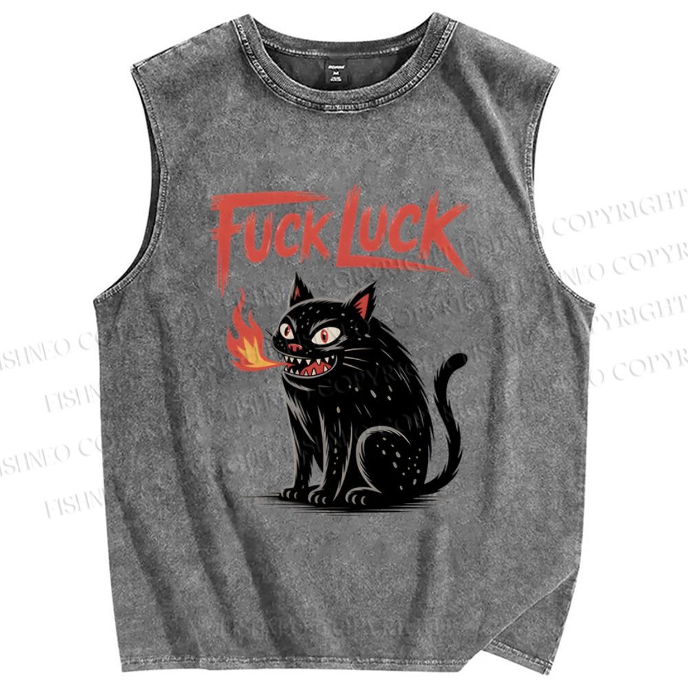 Unisex Fuck Luck Cat Printed Washed Tank Top