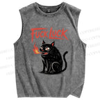 Unisex Fuck Luck Cat Printed Washed Tank Top