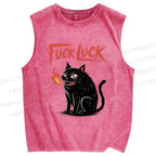 Unisex Fuck Luck Cat Printed Washed Tank Top