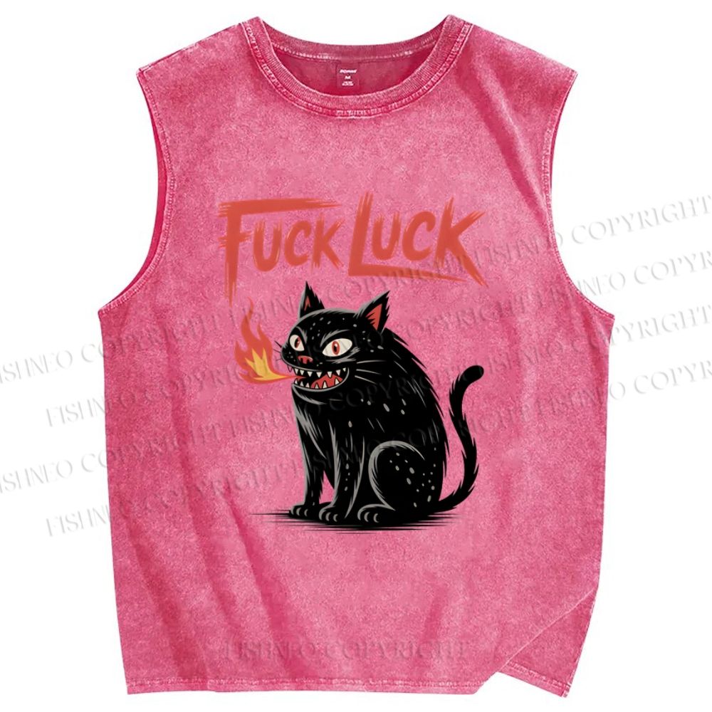 Unisex Fuck Luck Cat Printed Washed Tank Top