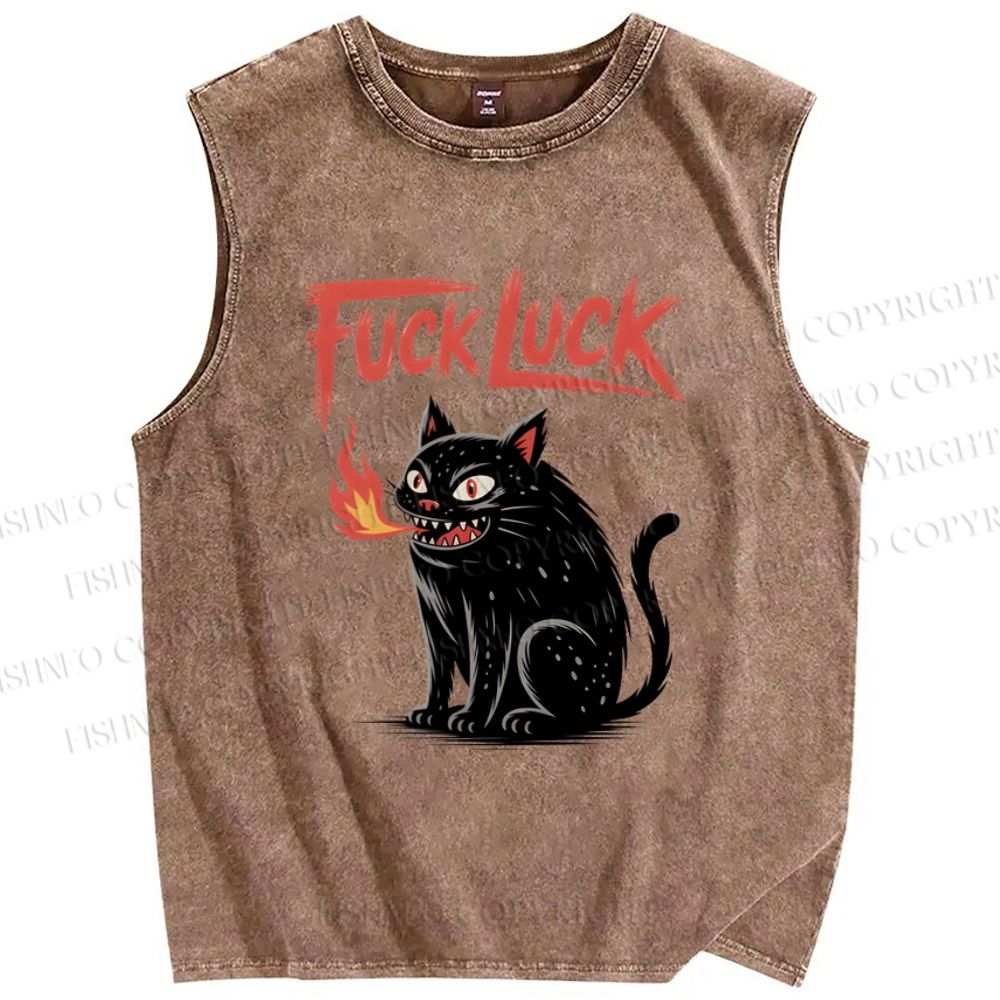 Unisex Fuck Luck Cat Printed Washed Tank Top