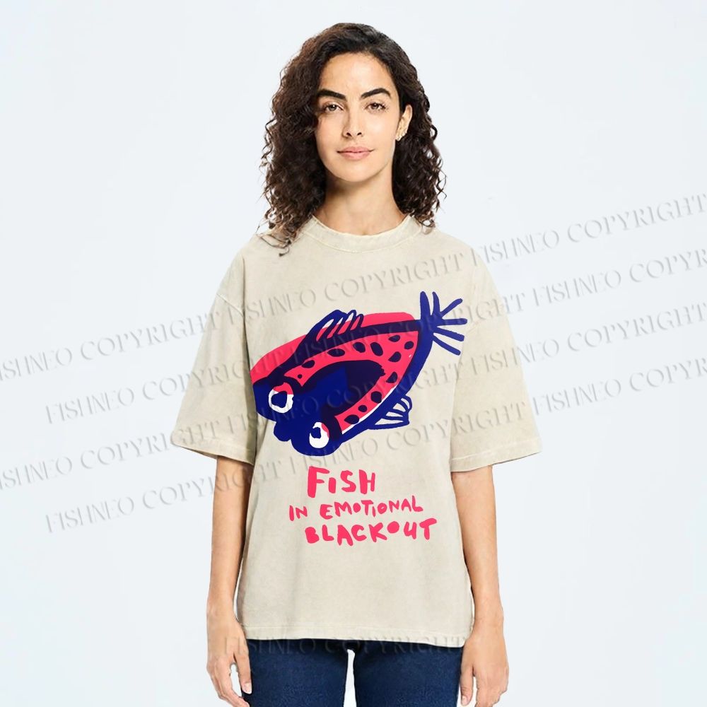 Unisex Fish In Emotional Blackout Printed Washed Tee