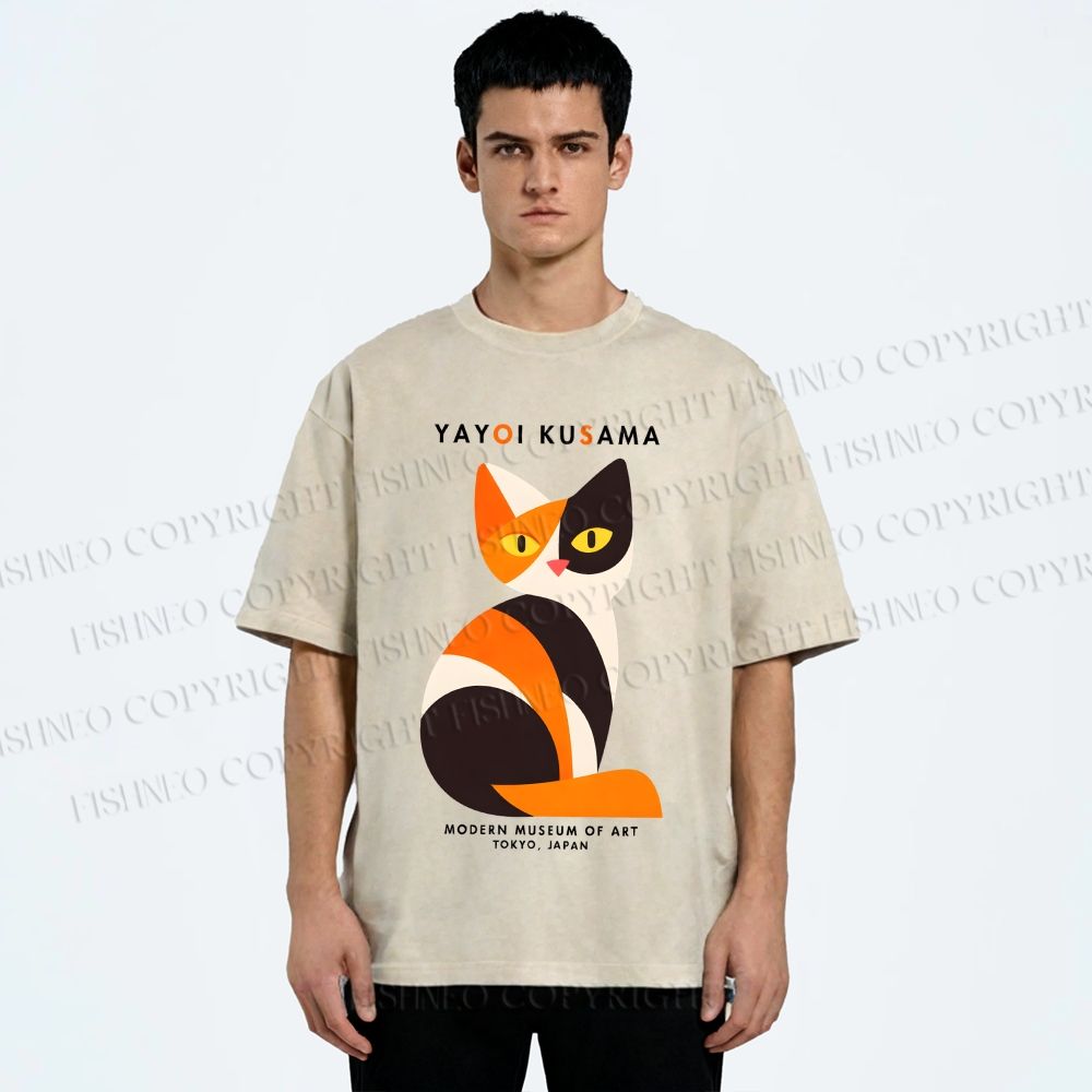 Unisex Yayoi Kusama Colorful Cat Printed Washed Tee