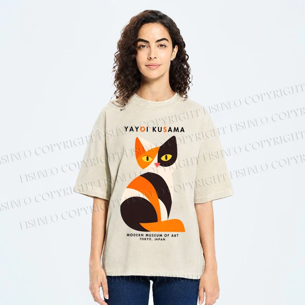 Unisex Yayoi Kusama Colorful Cat Printed Washed Tee