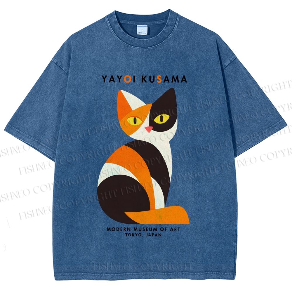 Unisex Yayoi Kusama Colorful Cat Printed Washed Tee
