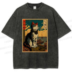 Unisex Ukiyo-e - Cat Printed Washed Tee