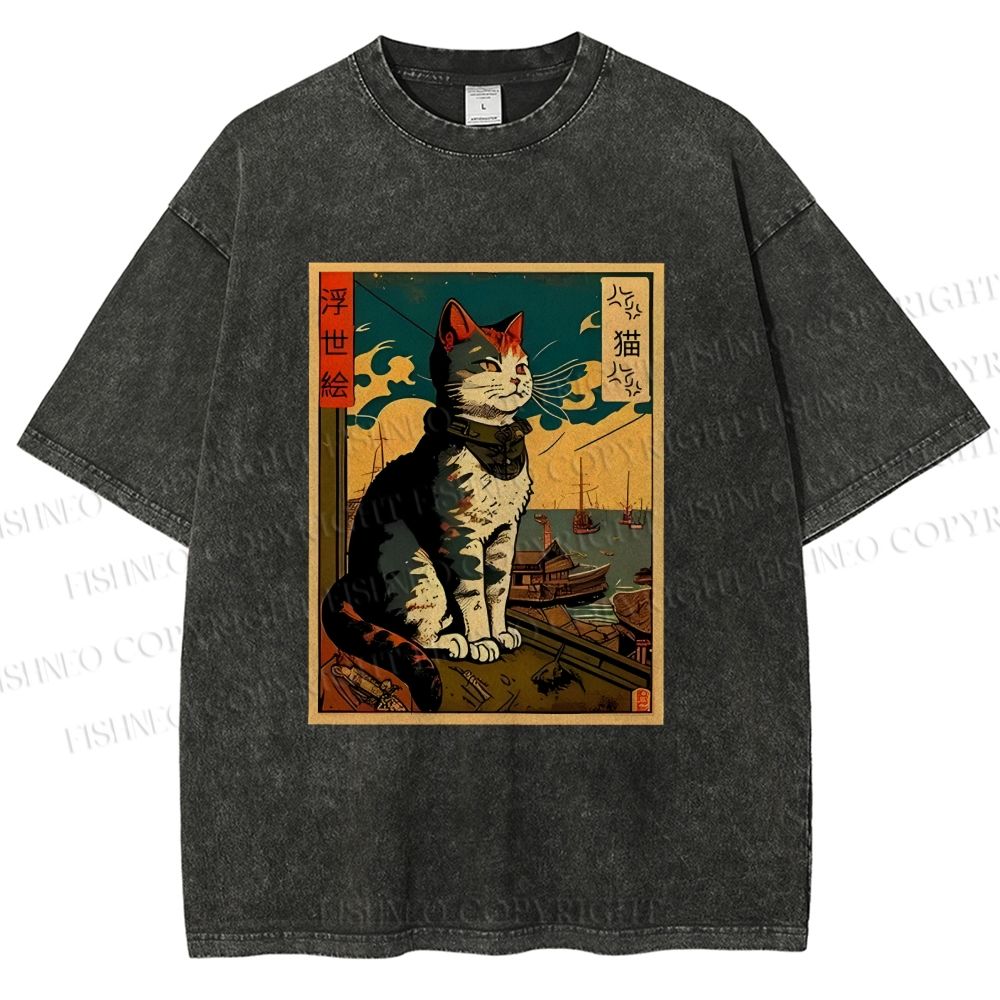 Unisex Ukiyo-e - Cat Printed Washed Tee