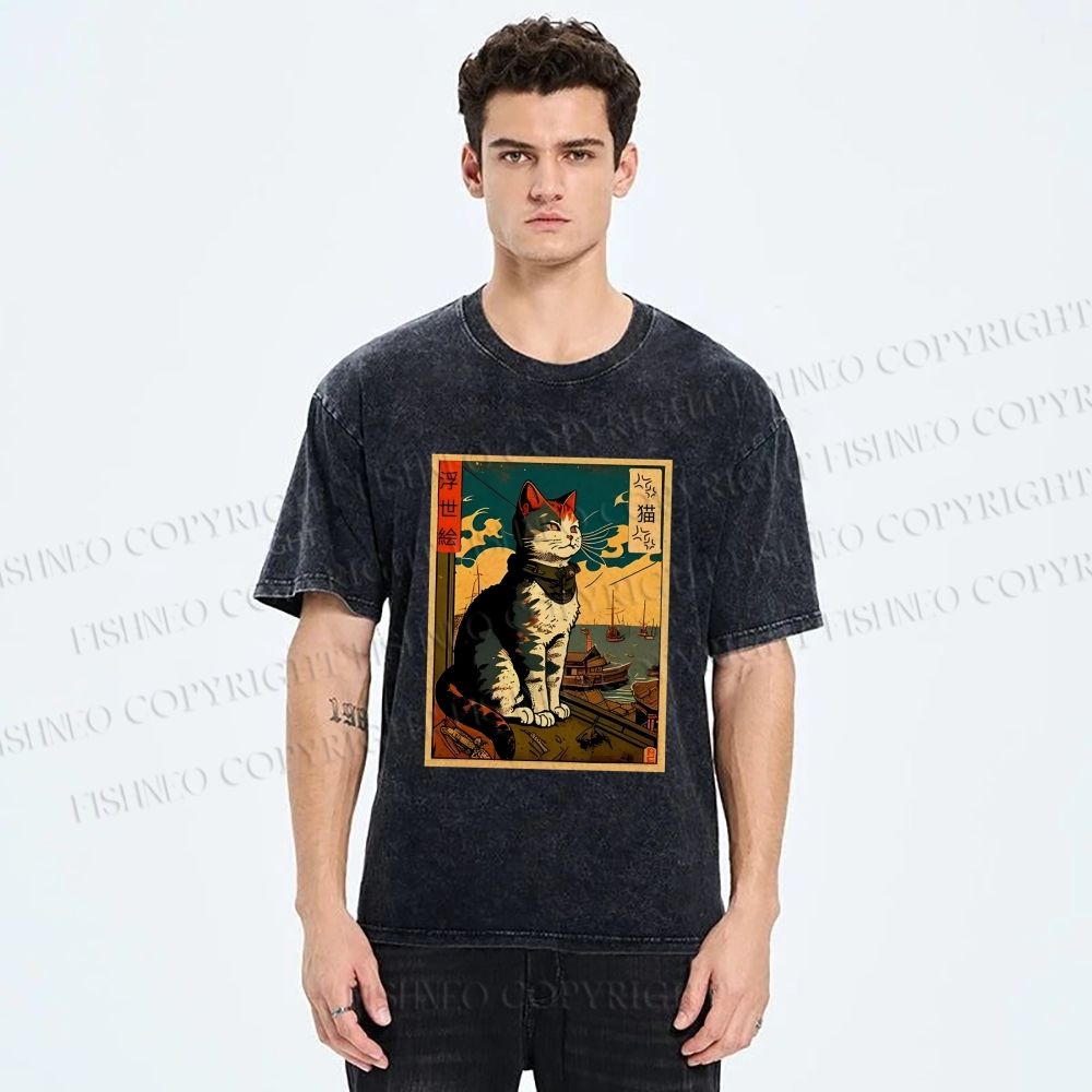 Unisex Ukiyo-e - Cat Printed Washed Tee