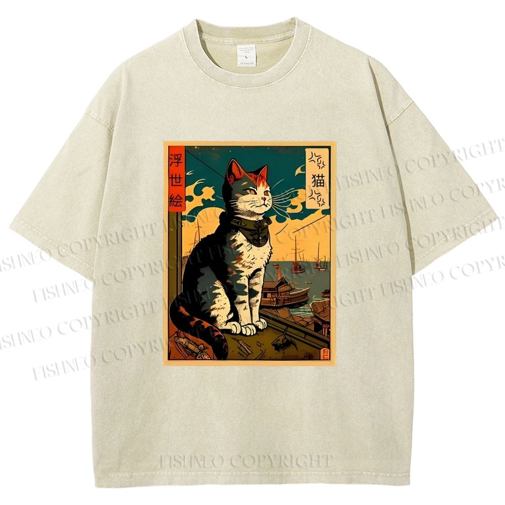 Unisex Ukiyo-e - Cat Printed Washed Tee