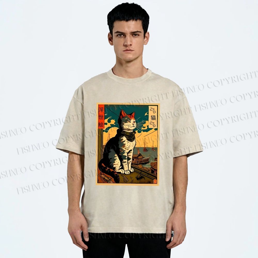 Unisex Ukiyo-e - Cat Printed Washed Tee