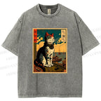 Unisex Ukiyo-e - Cat Printed Washed Tee