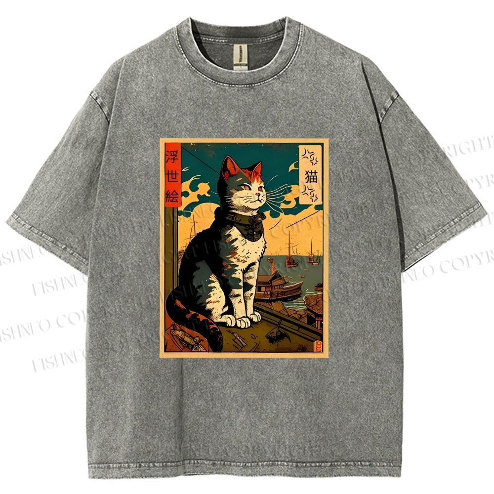Unisex Ukiyo-e - Cat Printed Washed Tee