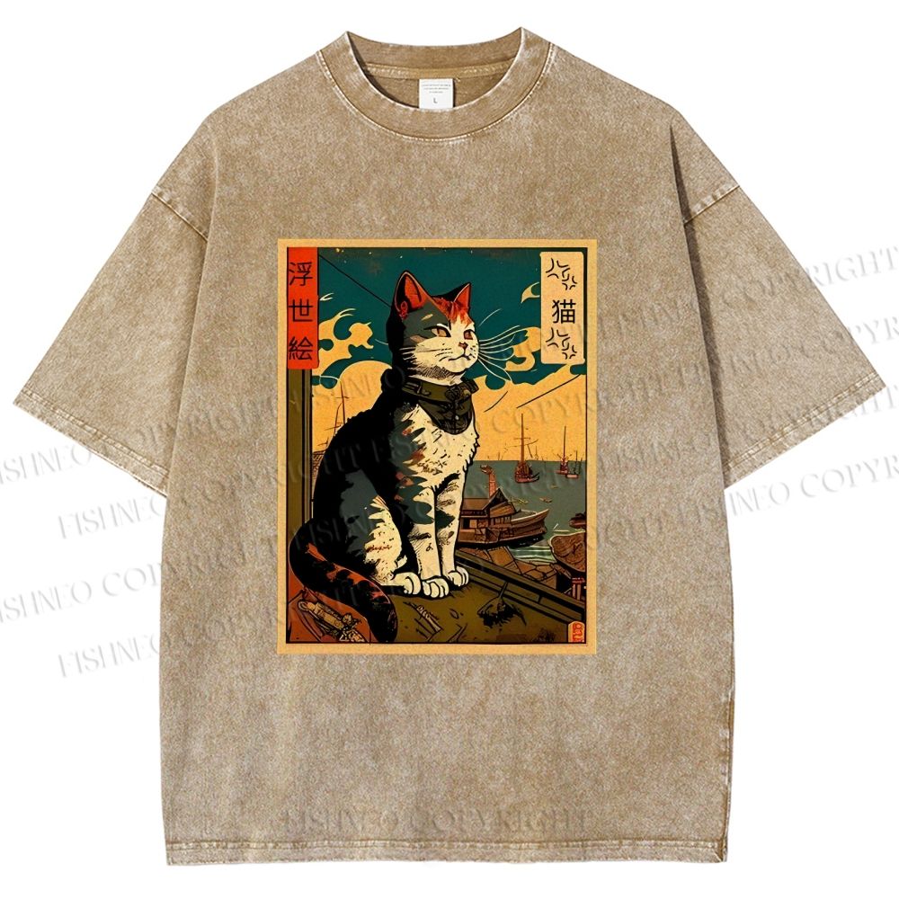 Unisex Ukiyo-e - Cat Printed Washed Tee