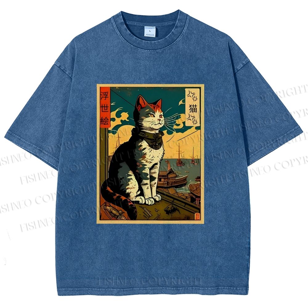 Unisex Ukiyo-e - Cat Printed Washed Tee
