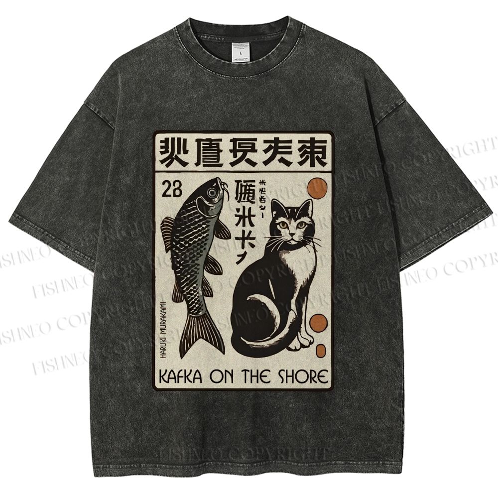 Unisex Vintage Cat With Fish Printed Washed Tee