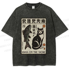 Unisex Vintage Cat With Fish Printed Washed Tee