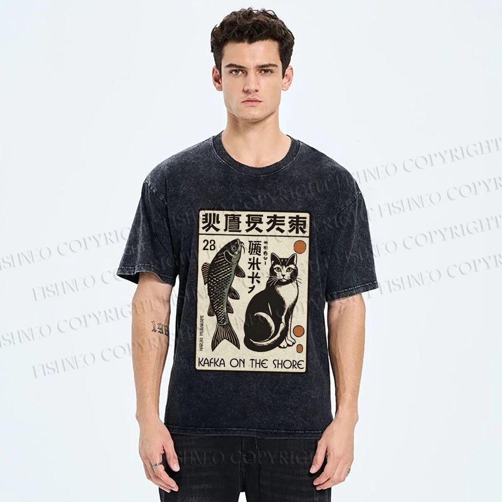 Unisex Vintage Cat With Fish Printed Washed Tee
