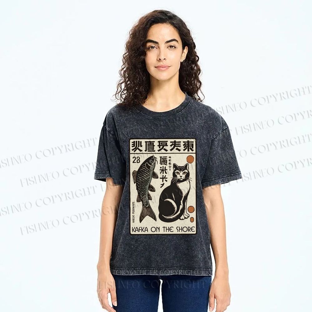 Unisex Vintage Cat With Fish Printed Washed Tee