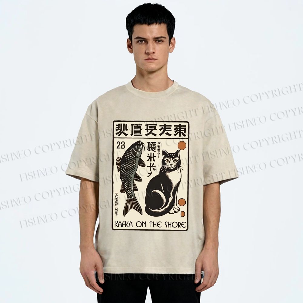Unisex Vintage Cat With Fish Printed Washed Tee