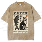 Unisex Vintage Cat With Fish Printed Washed Tee