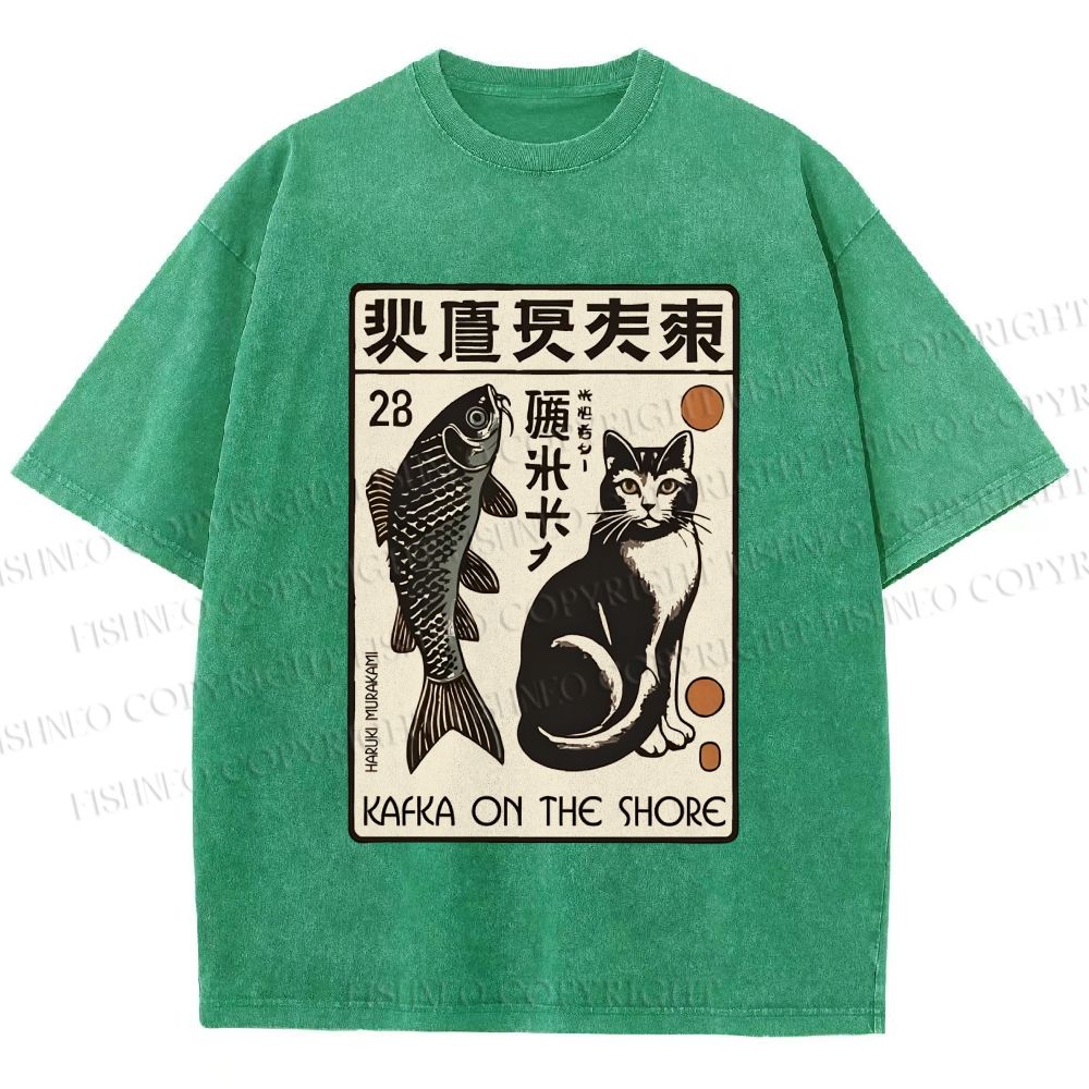 Unisex Vintage Cat With Fish Printed Washed Tee