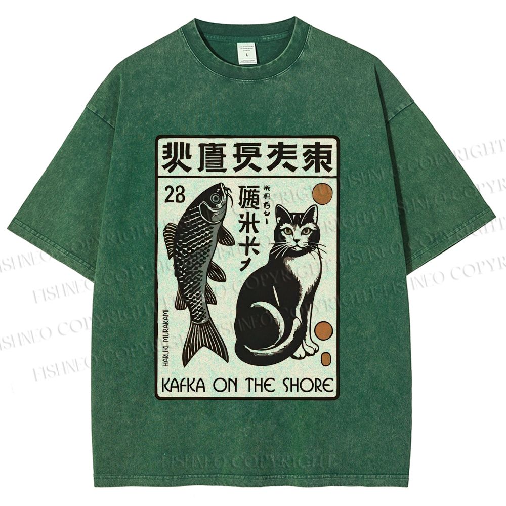 Unisex Vintage Cat With Fish Printed Washed Tee