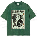 Unisex Vintage Cat With Fish Printed Washed Tee