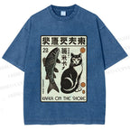 Unisex Vintage Cat With Fish Printed Washed Tee