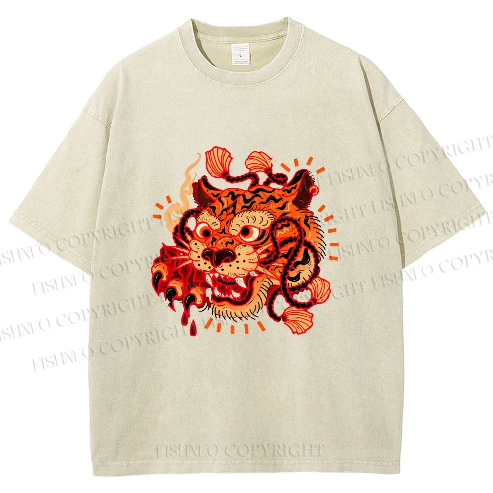 Unisex Tiger Printed Washed Tee
