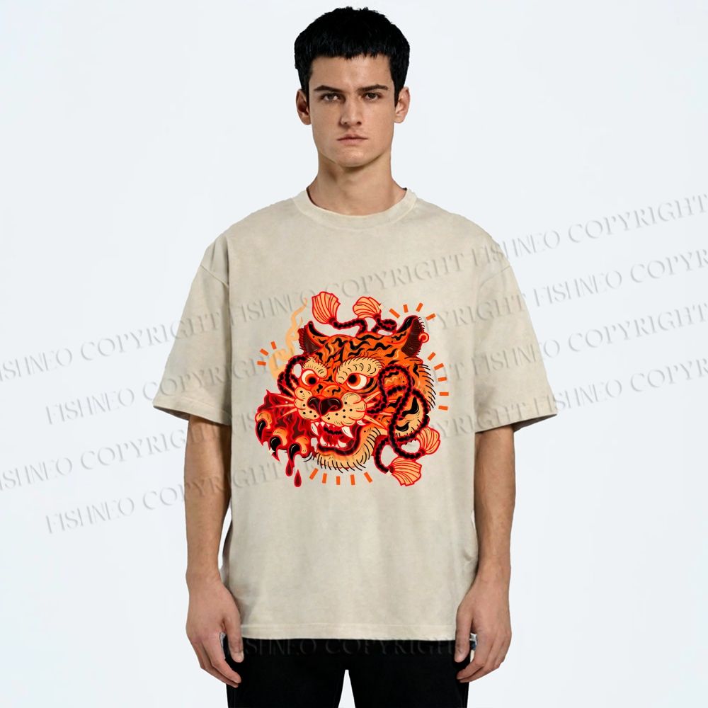 Unisex Tiger Printed Washed Tee