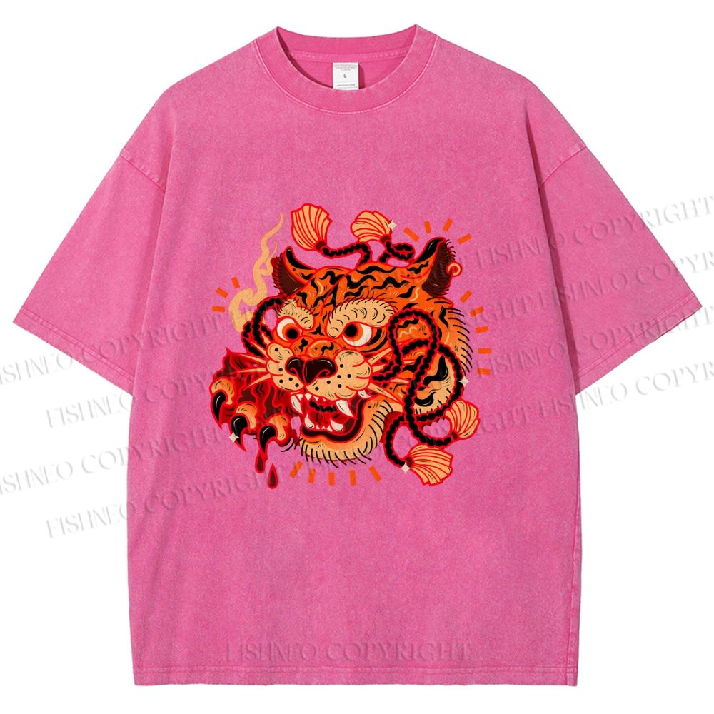 Unisex Tiger Printed Washed Tee