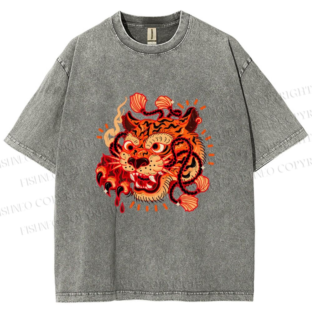 Unisex Tiger Printed Washed Tee