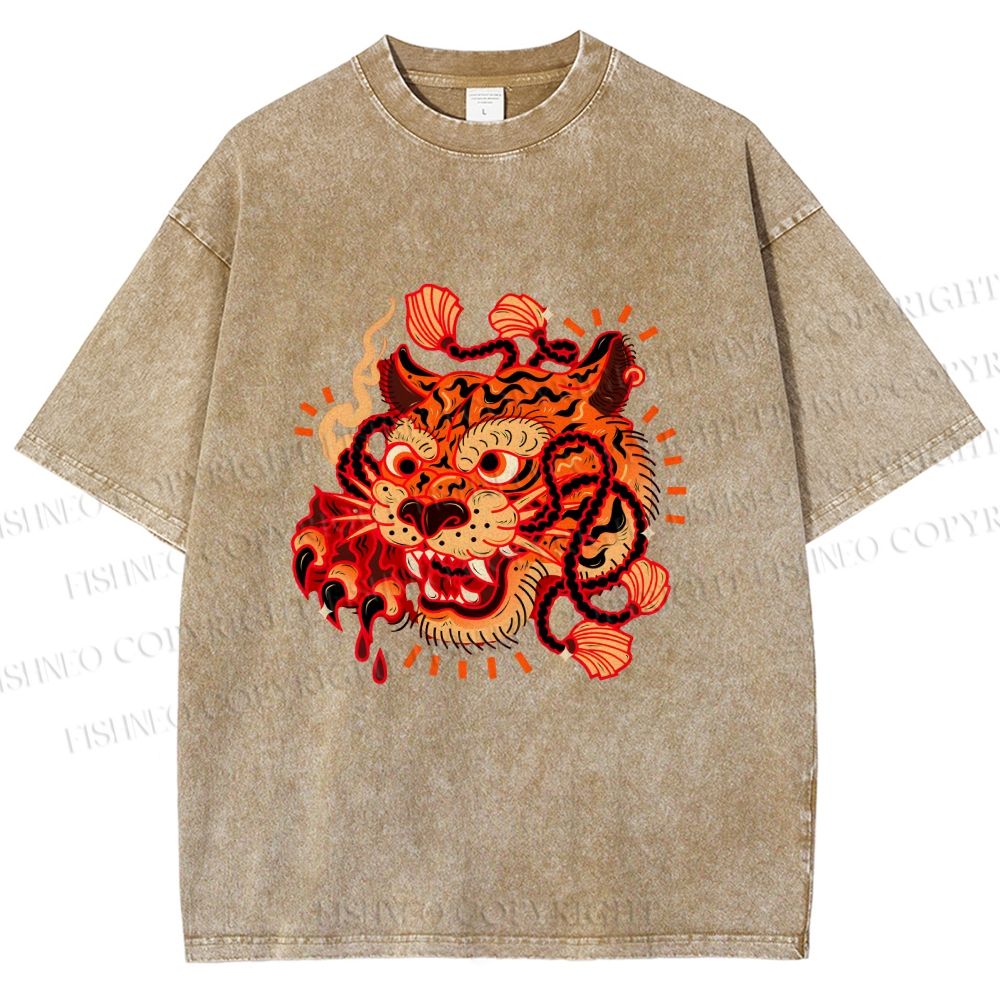 Unisex Tiger Printed Washed Tee