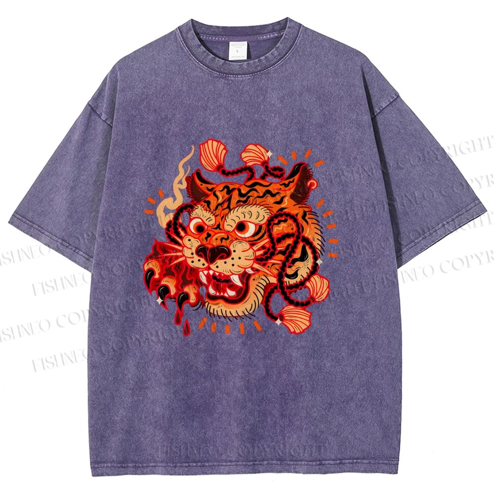 Unisex Tiger Printed Washed Tee
