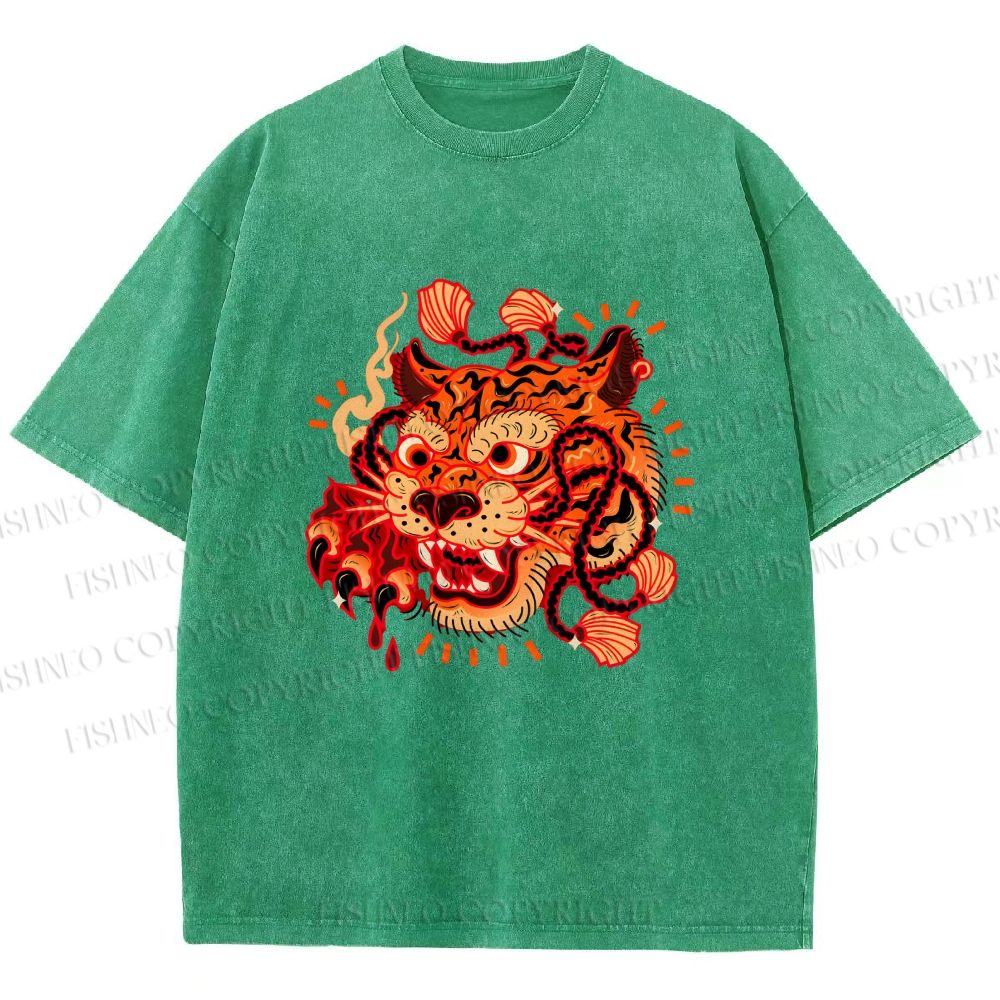 Unisex Tiger Printed Washed Tee
