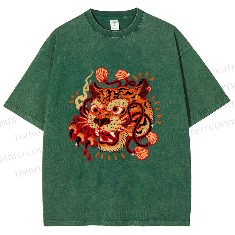 Unisex Tiger Printed Washed Tee