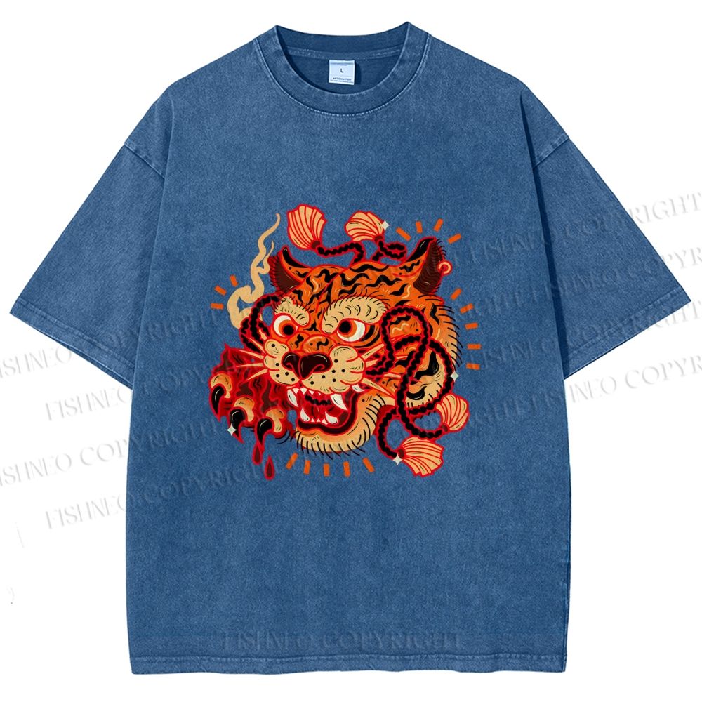 Unisex Tiger Printed Washed Tee