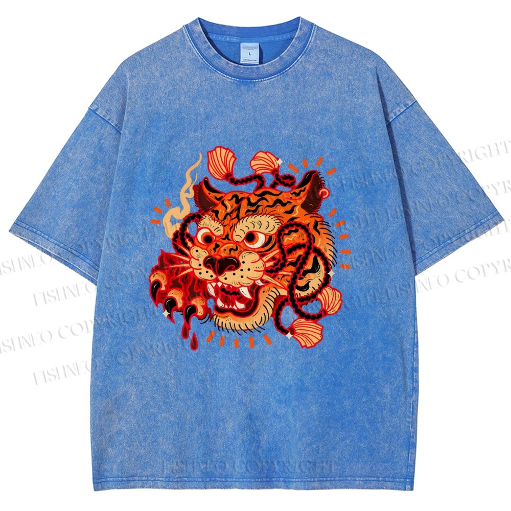 Unisex Tiger Printed Washed Tee