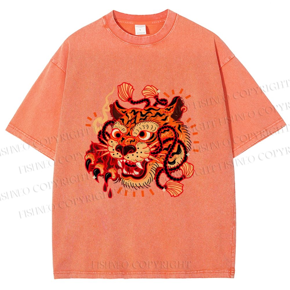 Unisex Tiger Printed Washed Tee