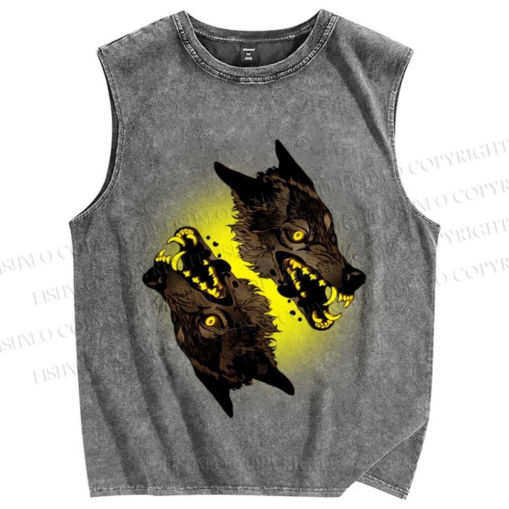 Unisex Golden Light Wolf Printed Washed Tank Top