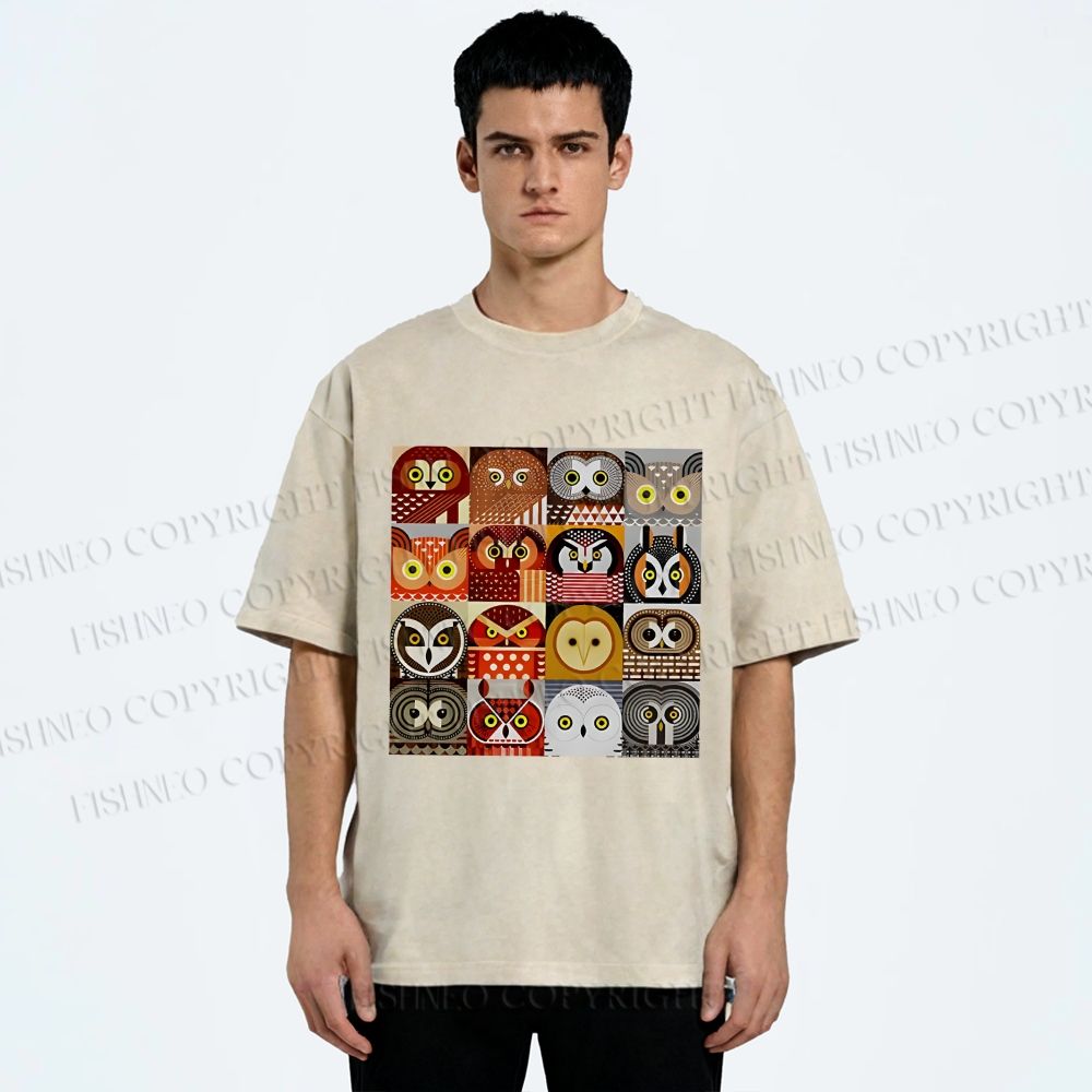 Unisex All Kinds Of Owls Printed Washed Tee