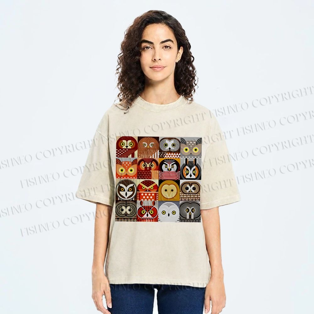 Unisex All Kinds Of Owls Printed Washed Tee