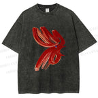 Unisex Calligraphy Art Chicken Printed Washed Tee