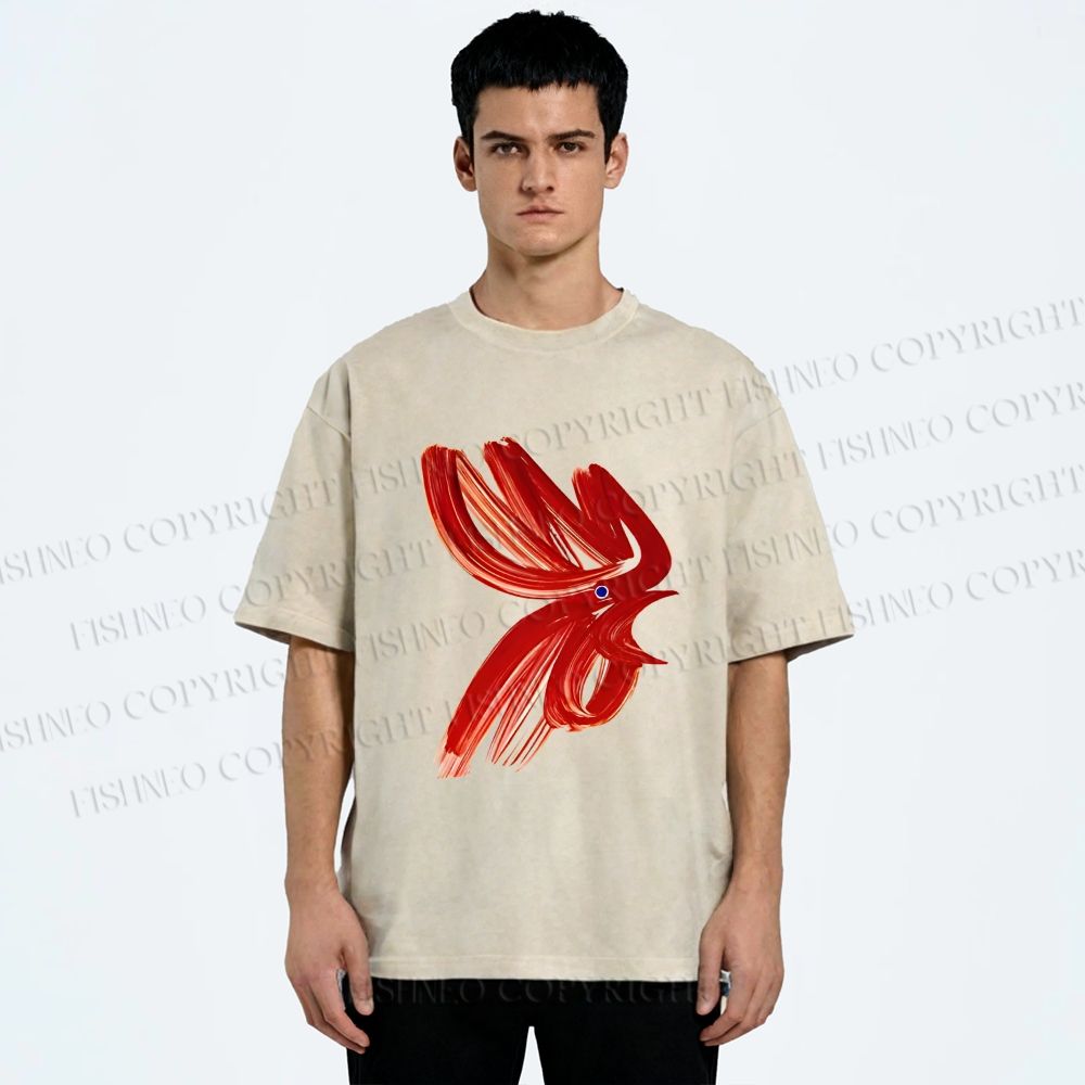 Unisex Calligraphy Art Chicken Printed Washed Tee