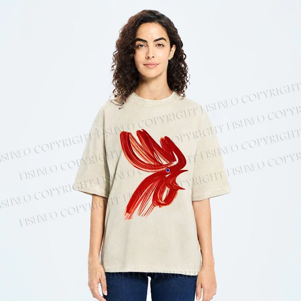 Unisex Calligraphy Art Chicken Printed Washed Tee