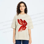Unisex Calligraphy Art Chicken Printed Washed Tee