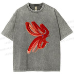 Unisex Calligraphy Art Chicken Printed Washed Tee