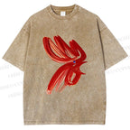 Unisex Calligraphy Art Chicken Printed Washed Tee