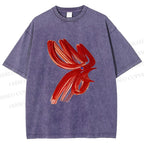 Unisex Calligraphy Art Chicken Printed Washed Tee