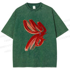 Unisex Calligraphy Art Chicken Printed Washed Tee
